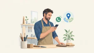 Illustration éditoriale d’un artisan utilisant son téléphone pour recevoir des demandes de clients locaux