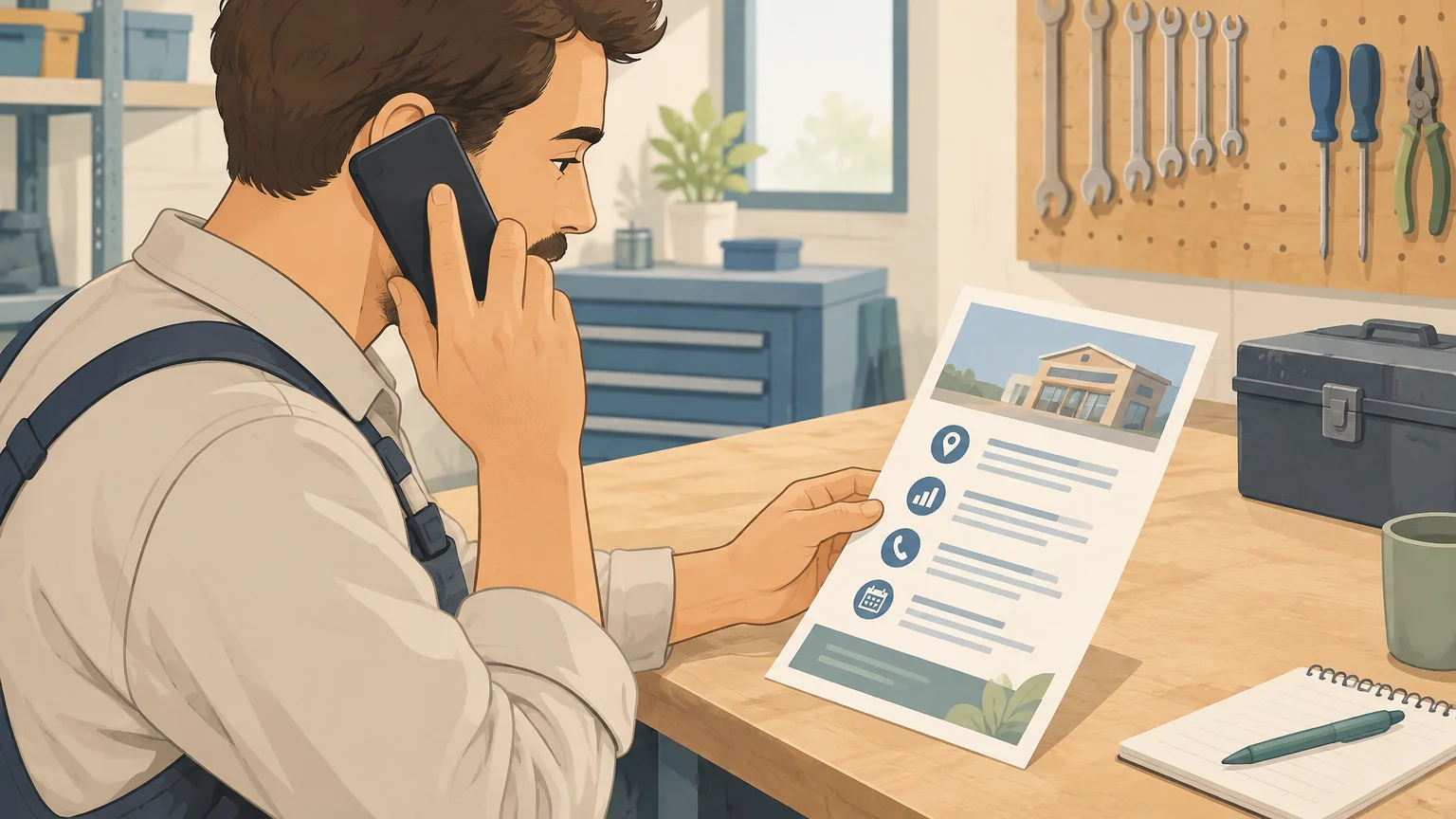 Illustration d’un artisan qui appelle après avoir consulté une page consacrée à un service